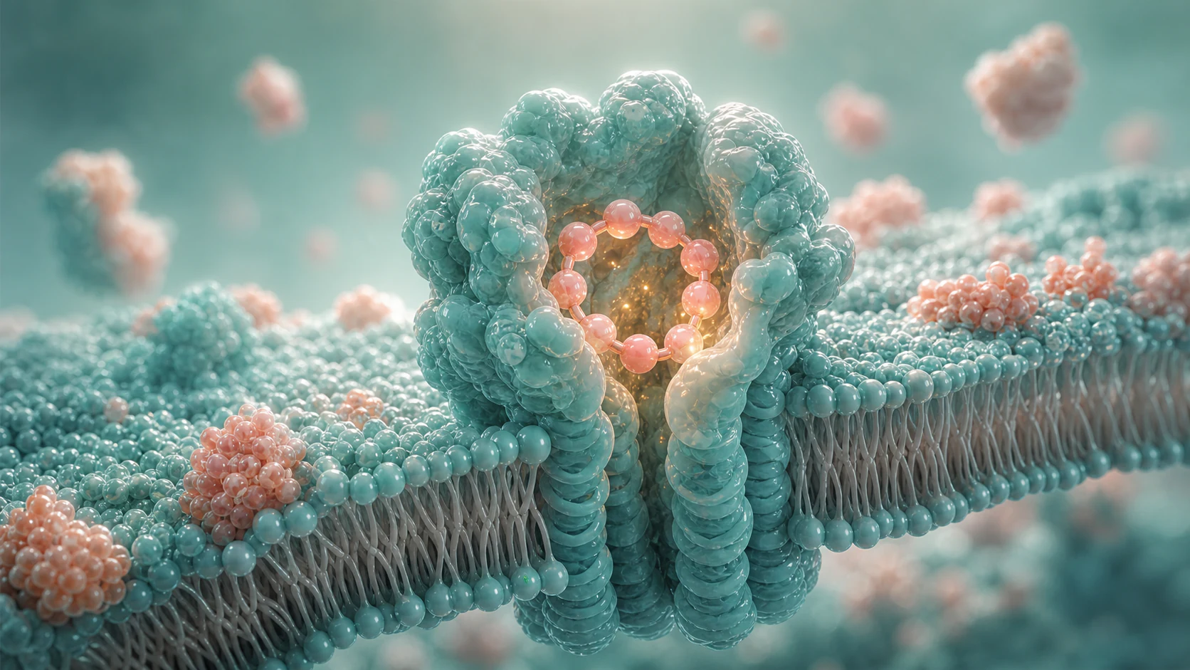 Coral cyclic peptide docked in a teal transmembrane receptor pocket with warm activation signal points
