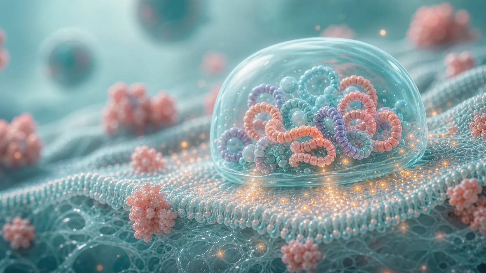 Translucent teal formulation depot containing pastel peptide loops on a detailed biomolecular tissue surface