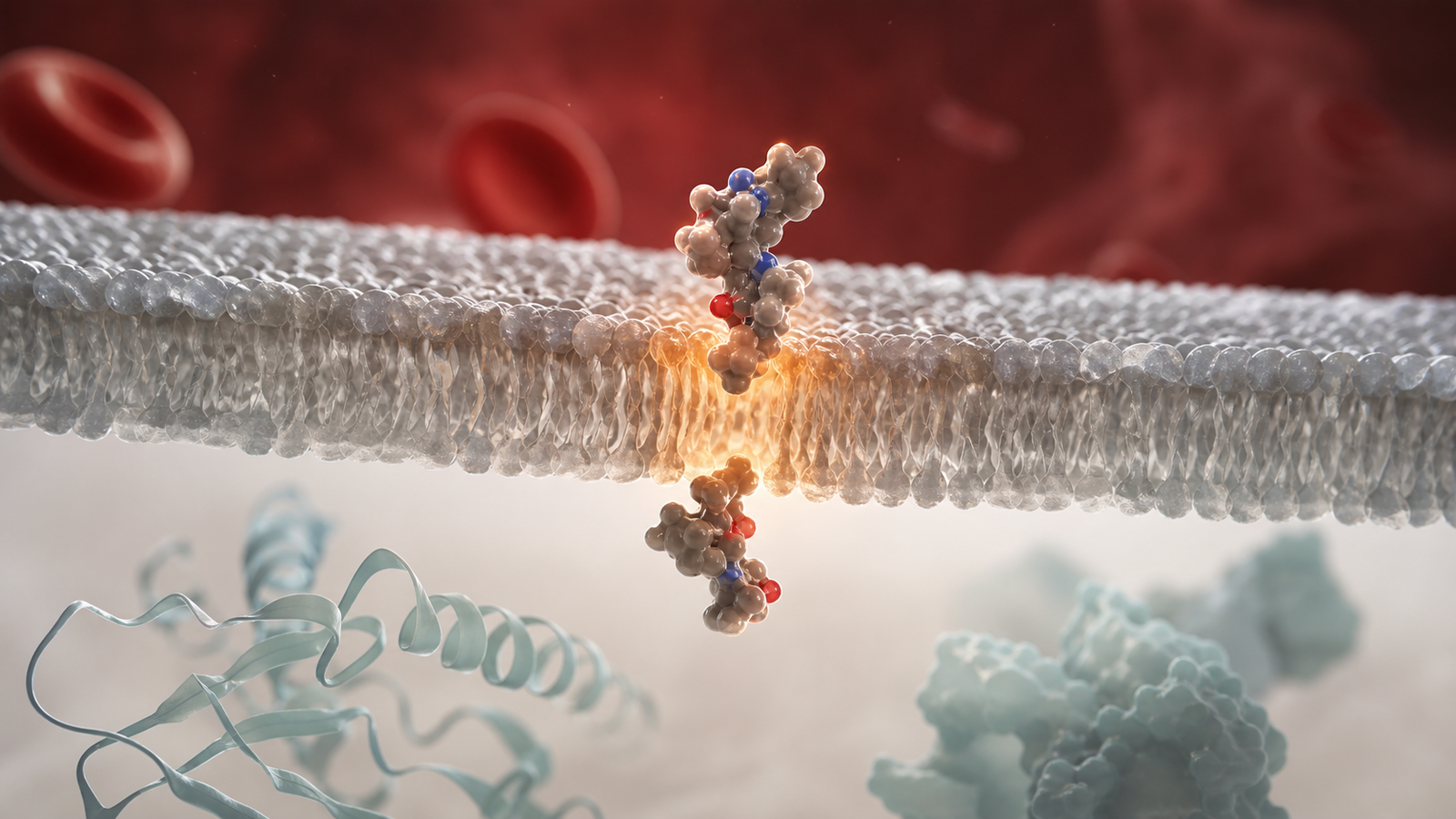 3D render of a therapeutic molecule crossing a membrane compartment to explain ADME movement.