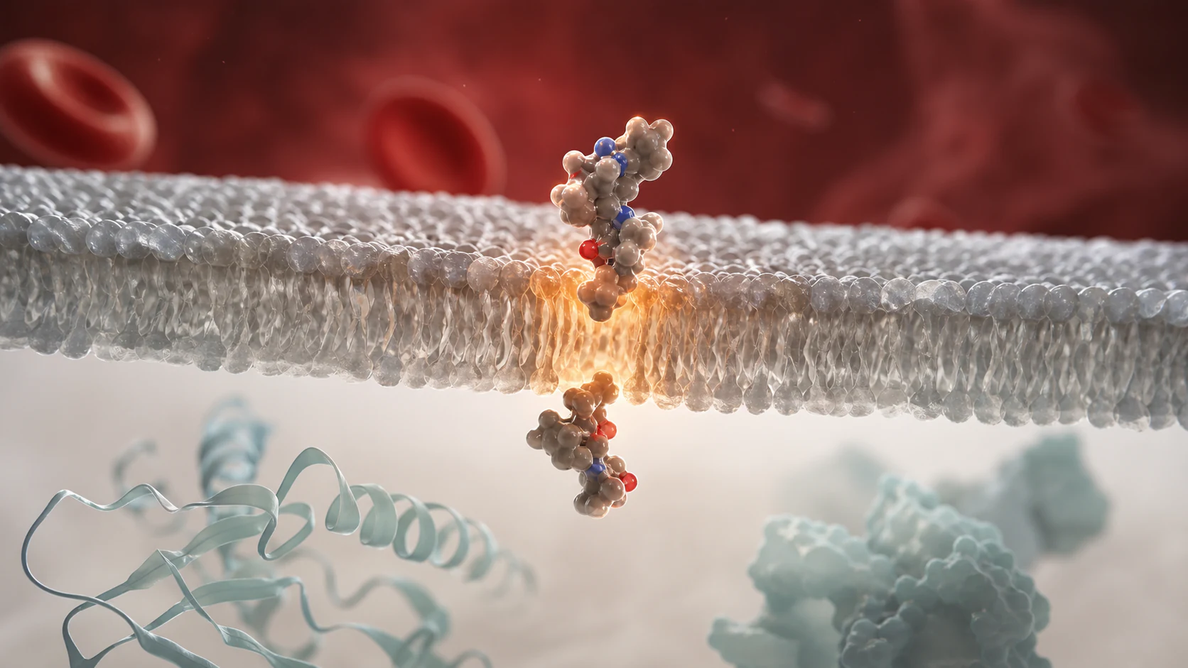 3D render of a therapeutic molecule crossing a membrane compartment to explain ADME movement.