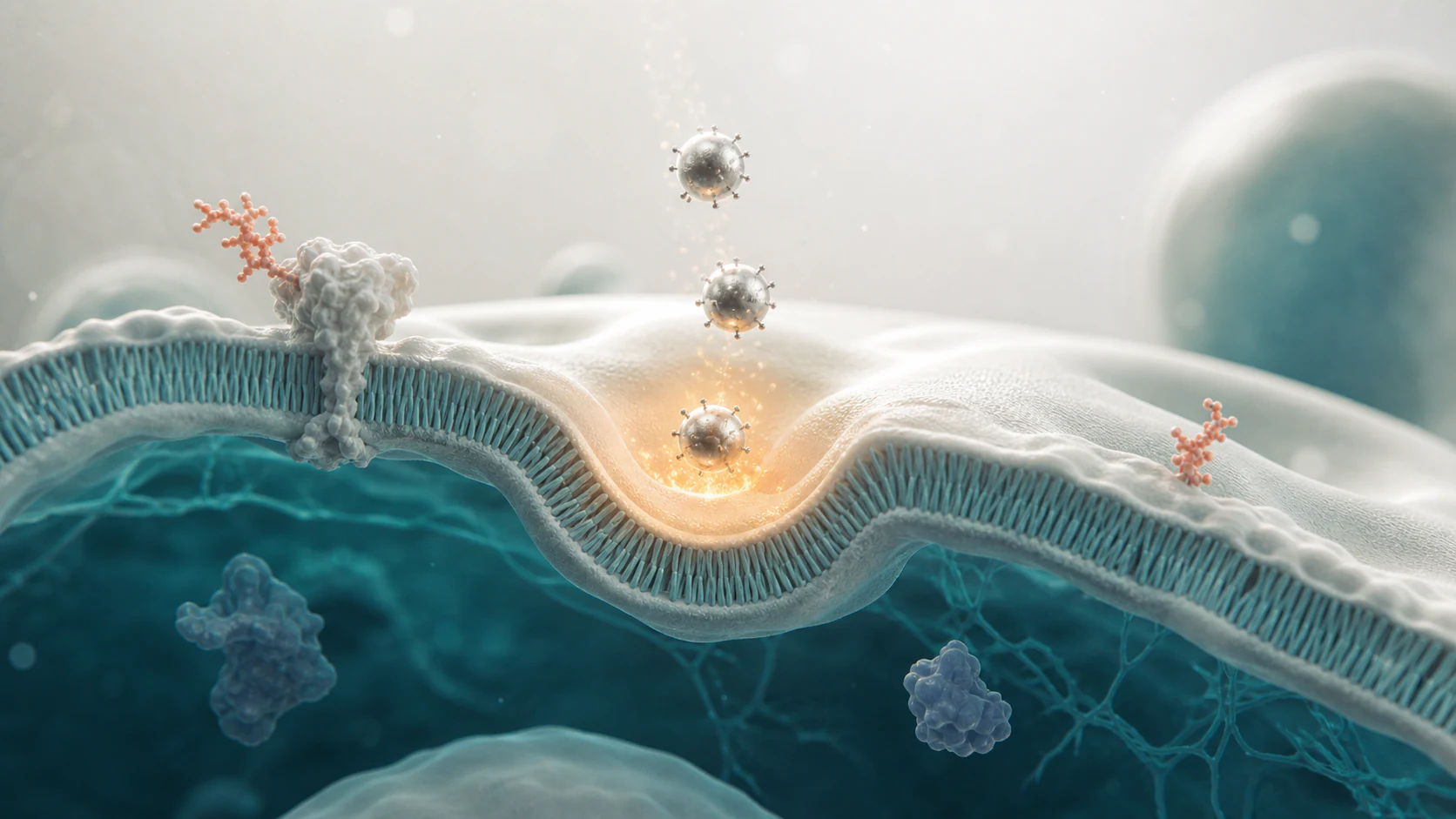 3D render of therapeutic particles reaching a target tissue niche with warm exposure lighting.