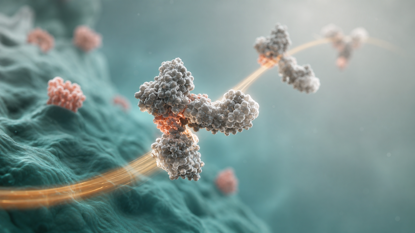 3D render of a biologic moving along a subtle exposure path toward a receptor surface.
