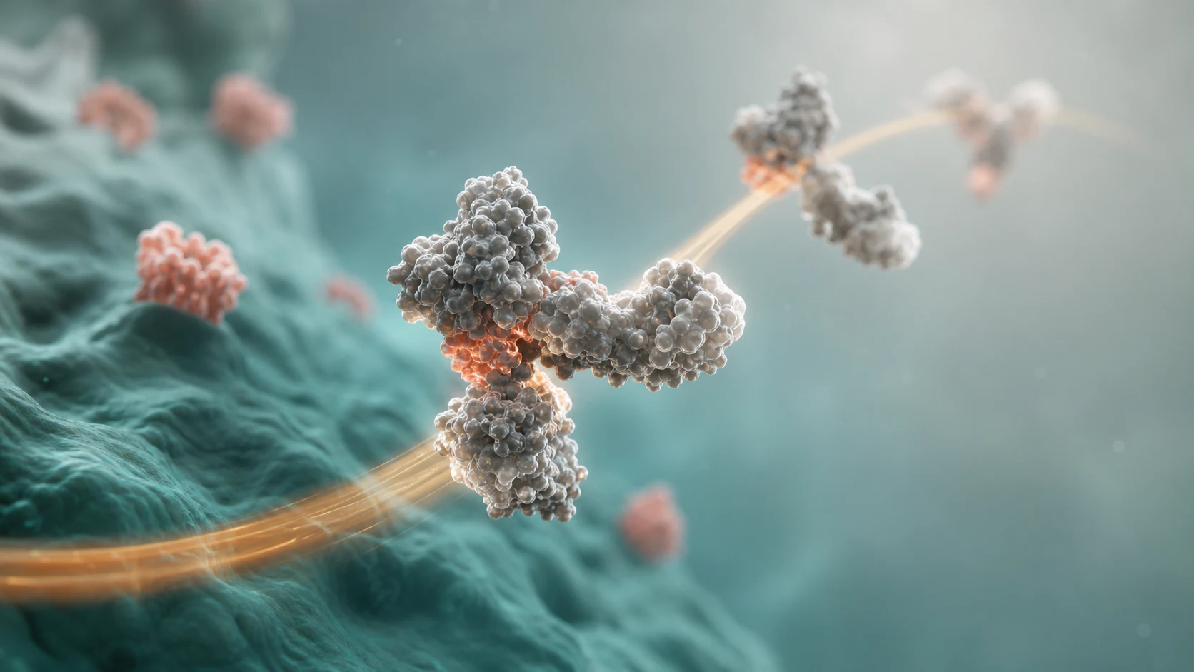 3D render of a biologic moving along a subtle exposure path toward a receptor surface.