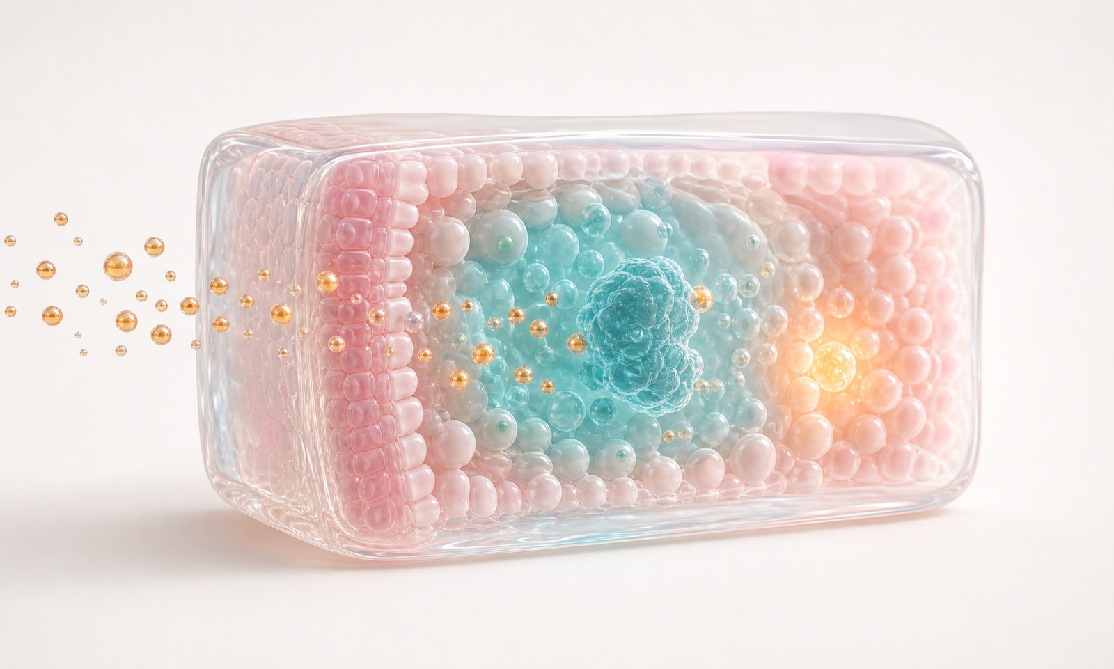 Pastel translucent tissue block showing candidate exposure target engagement and response signal