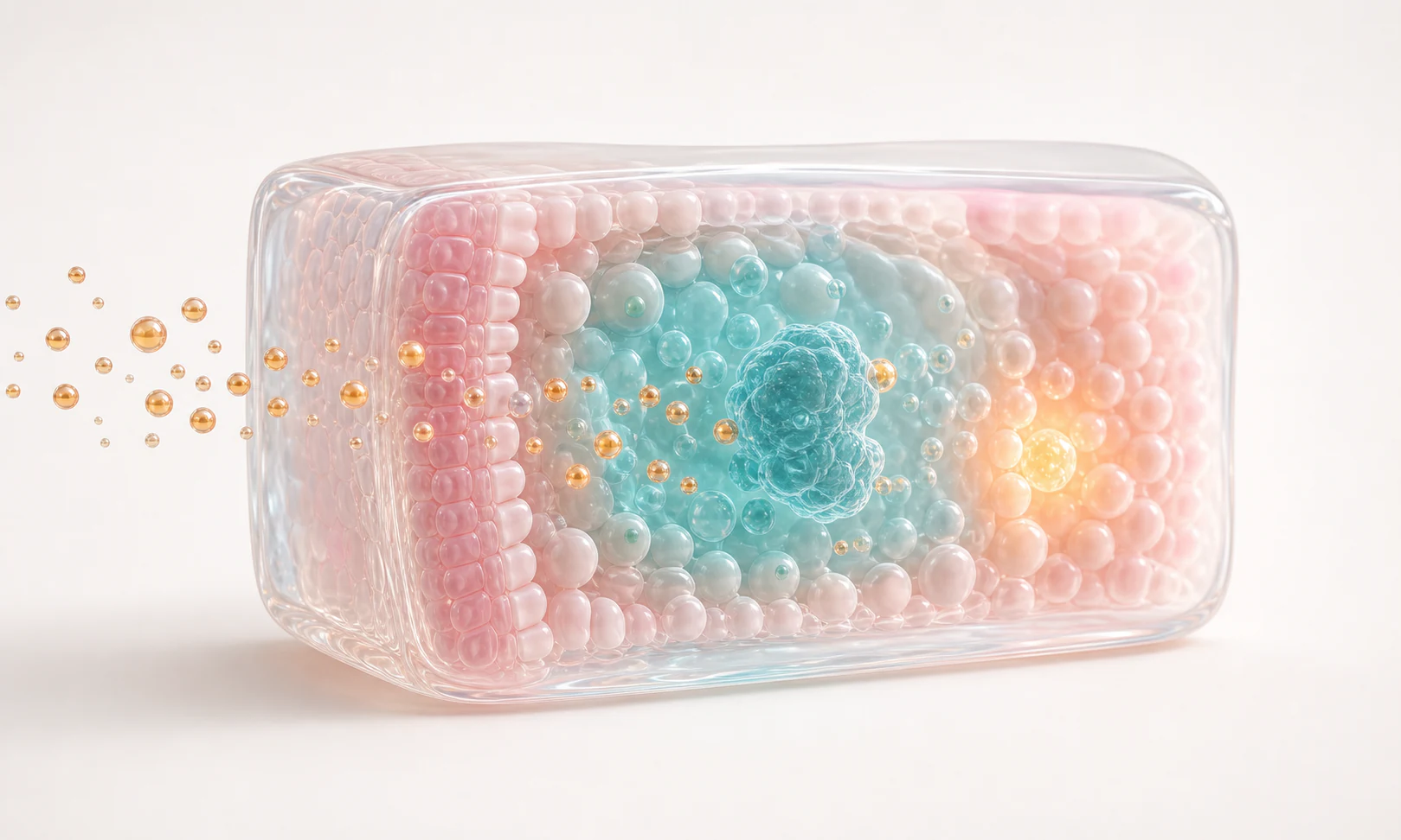 Pastel translucent tissue block showing candidate exposure target engagement and response signal
