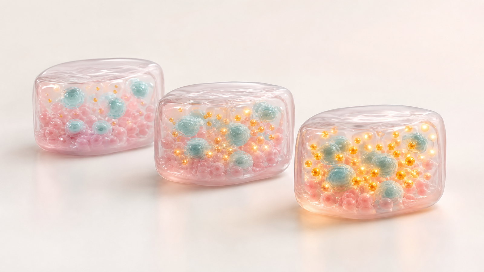 Three glossy pastel tissue compartments showing increasing preclinical dose response signal