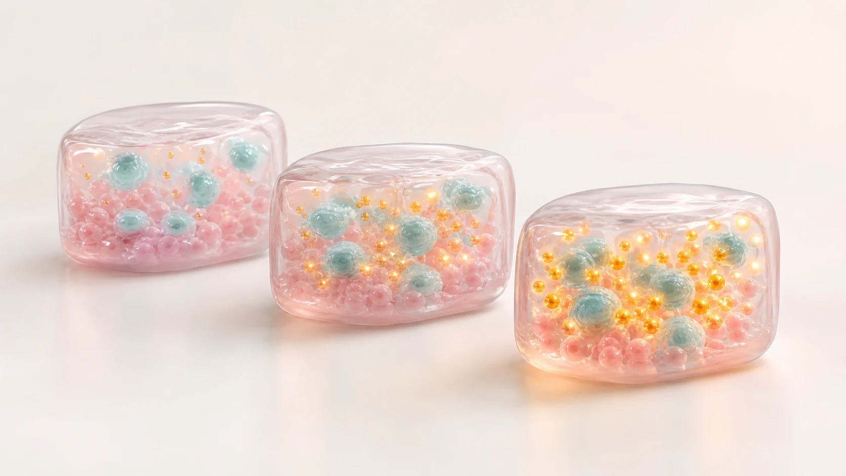 Three glossy pastel tissue compartments showing increasing preclinical dose response signal