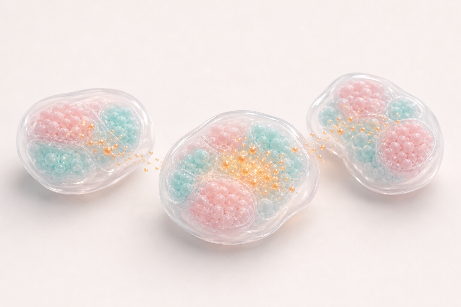 Soft translucent organoid compartments showing amber biodistribution signal in tissue context