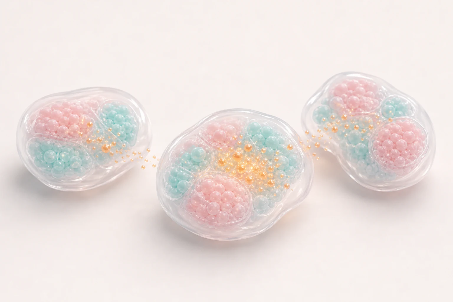 Soft translucent organoid compartments showing amber biodistribution signal in tissue context