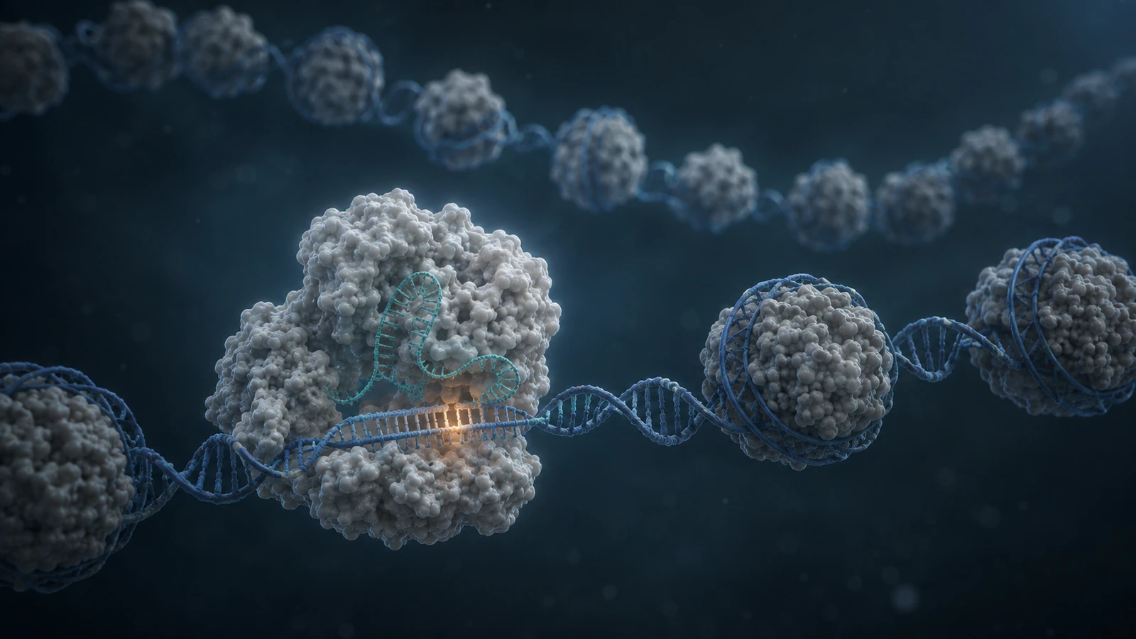 Pearl prime editor bound to one exposed DNA segment between nucleosomes in a restrained nuclear chromatin environment.