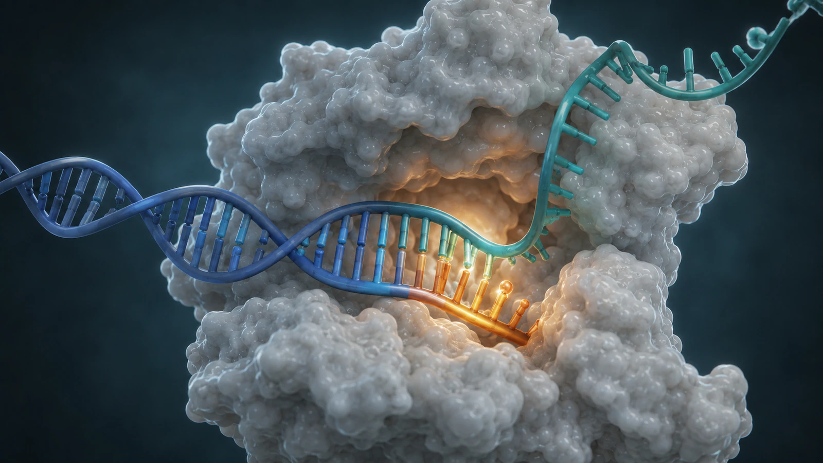 Pearl reverse transcriptase extending an amber edited DNA flap from a teal pegRNA template inside the prime editor.