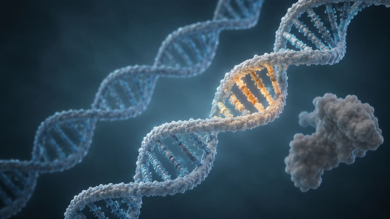 Two intact DNA duplexes under matched lighting, with a short amber edited tract in the sharply focused foreground duplex.