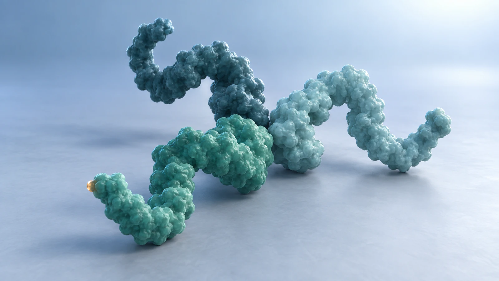 Three differently shaded teal protein chains meet in a loose cluster on a clinical-blue background.