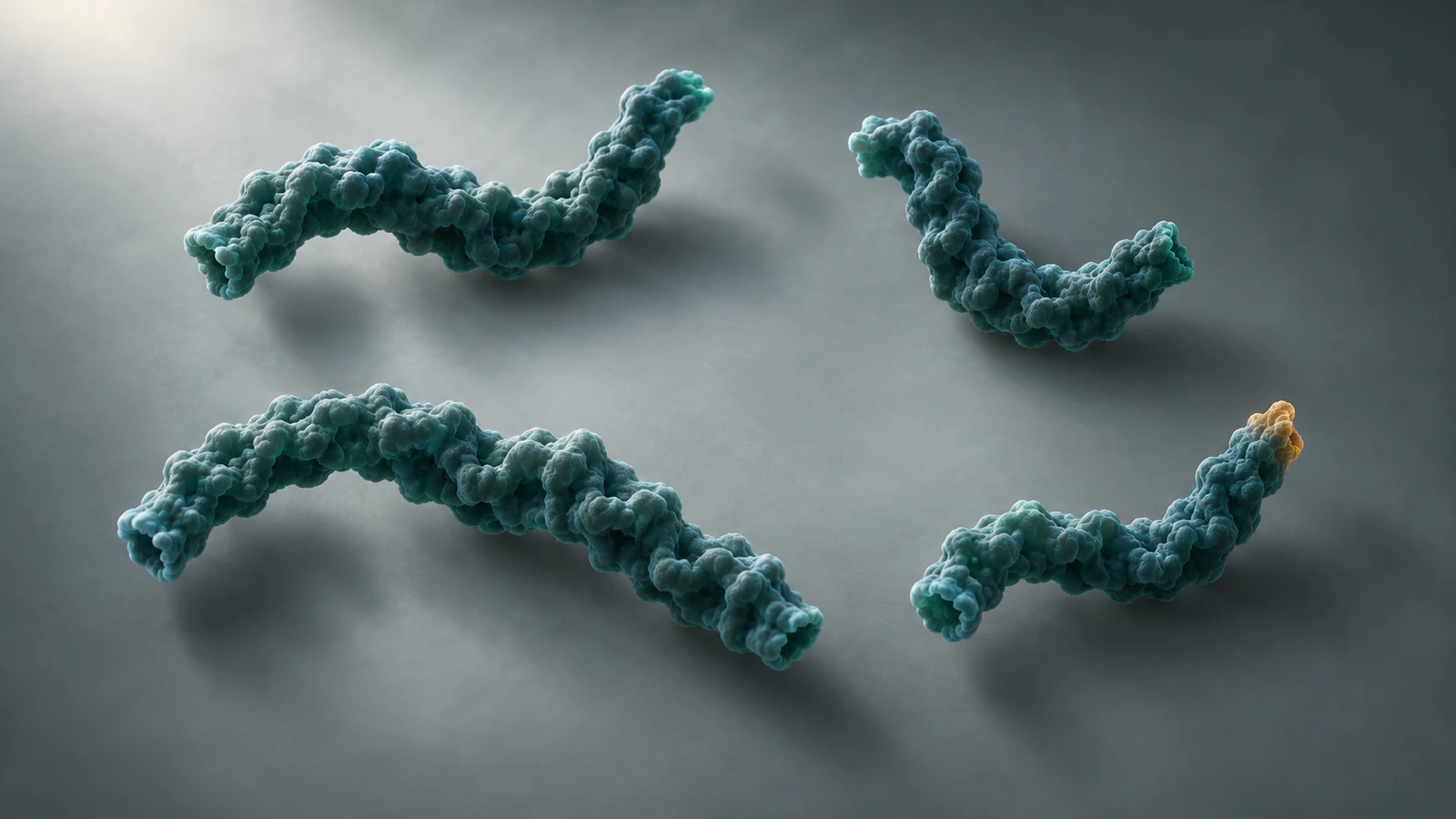 Four short teal peptide segments lie separately on a gray background, with a small amber end accent on one segment.