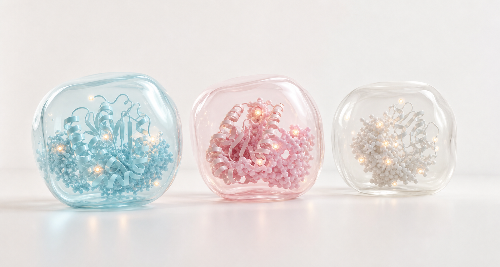 Three translucent pastel protein design capsules with folded ribbons and warm candidate signal points