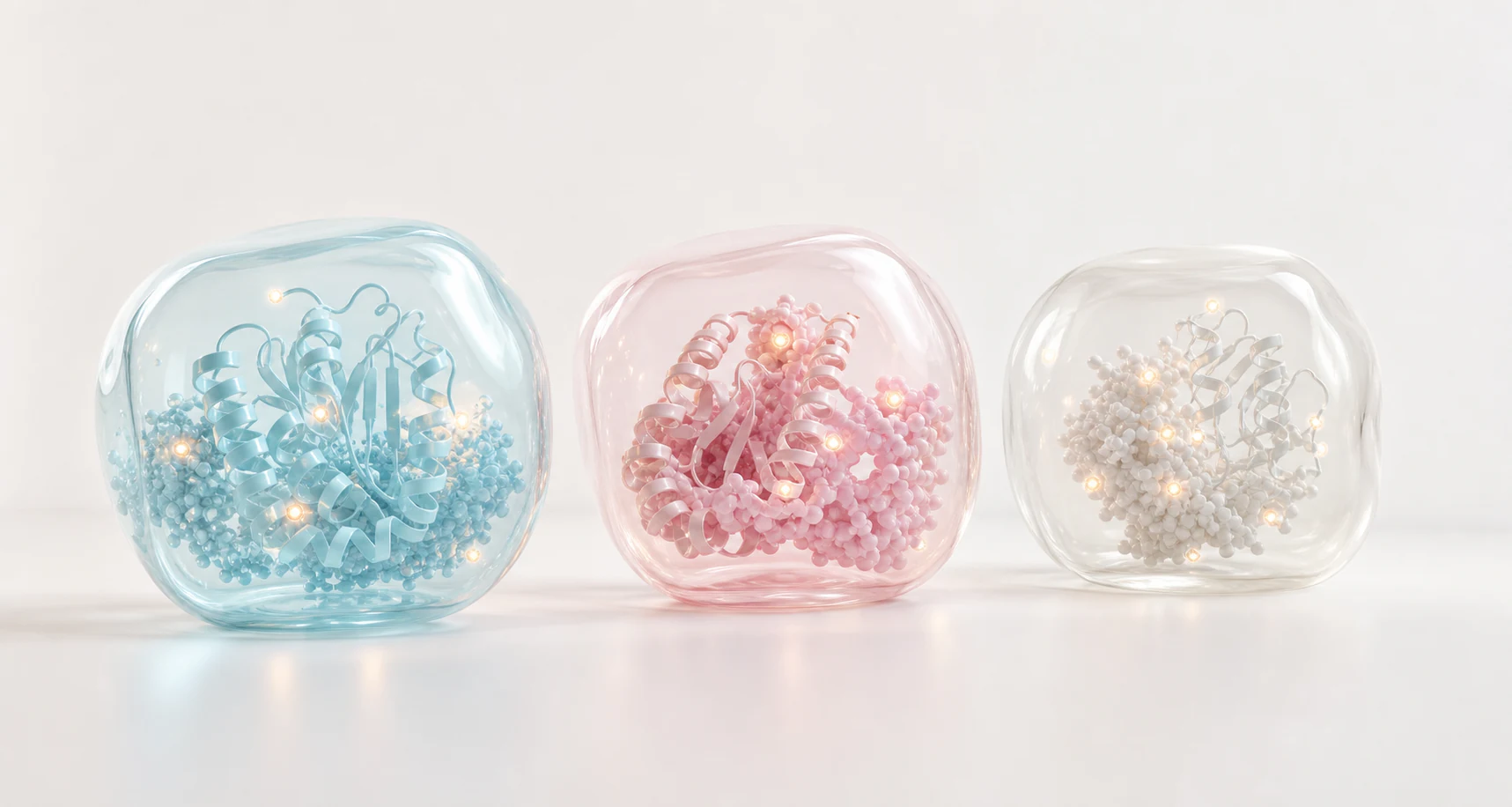 Three translucent pastel protein design capsules with folded ribbons and warm candidate signal points