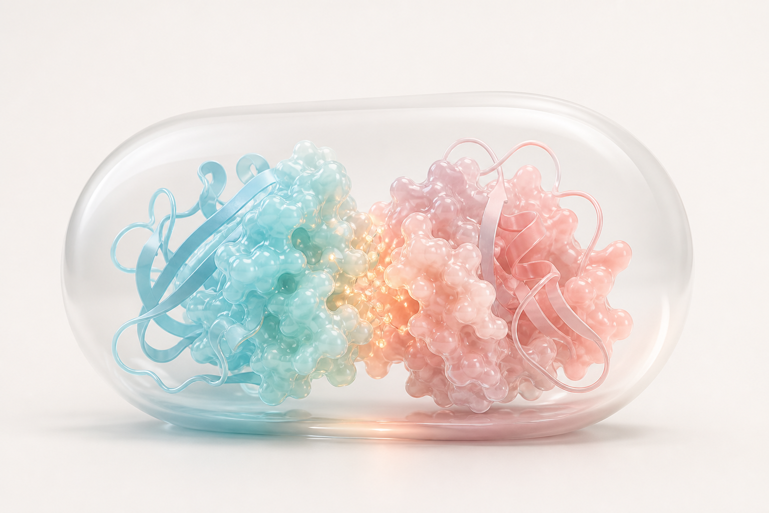 Pastel cyan and blush protein forms meeting inside a translucent capsule with warm interface glow
