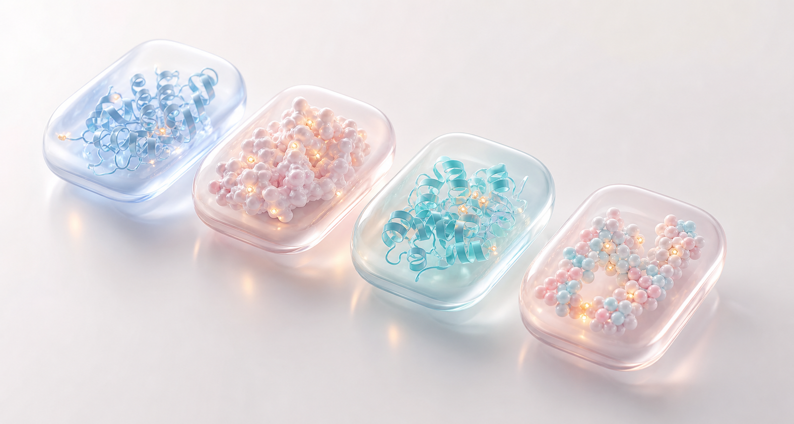 Four glossy pastel capsules containing protein ribbons and molecular clusters for a reusable design visual system