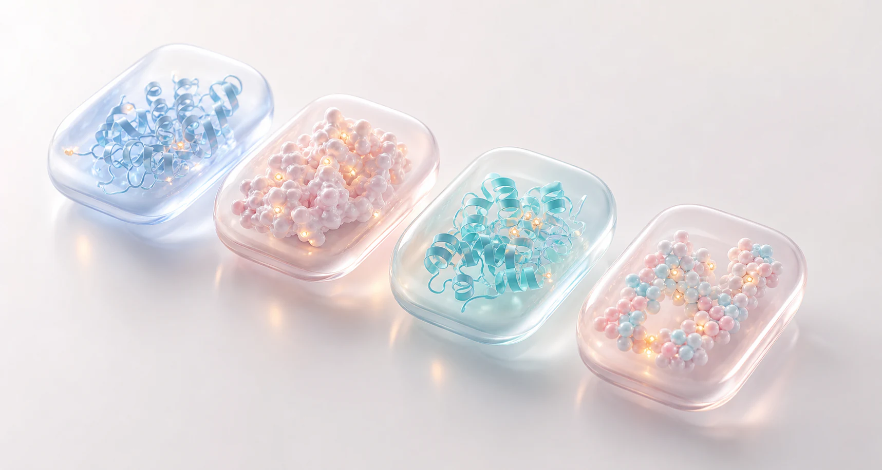 Four glossy pastel capsules containing protein ribbons and molecular clusters for a reusable design visual system