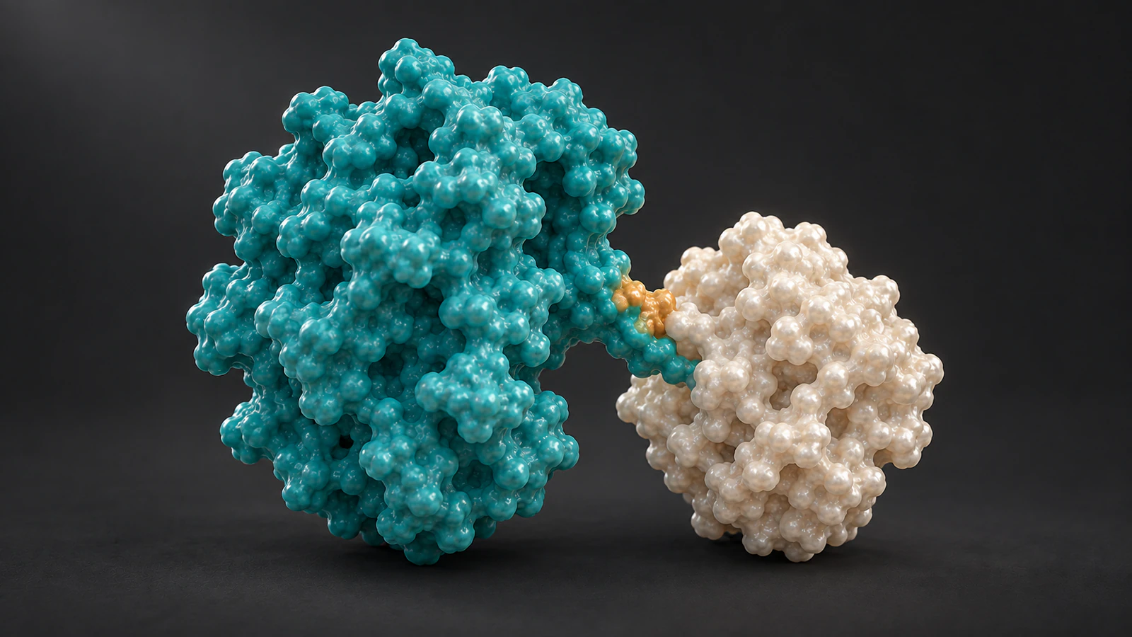 Teal and pearl protein domains are joined at a narrow region highlighted in amber against graphite.