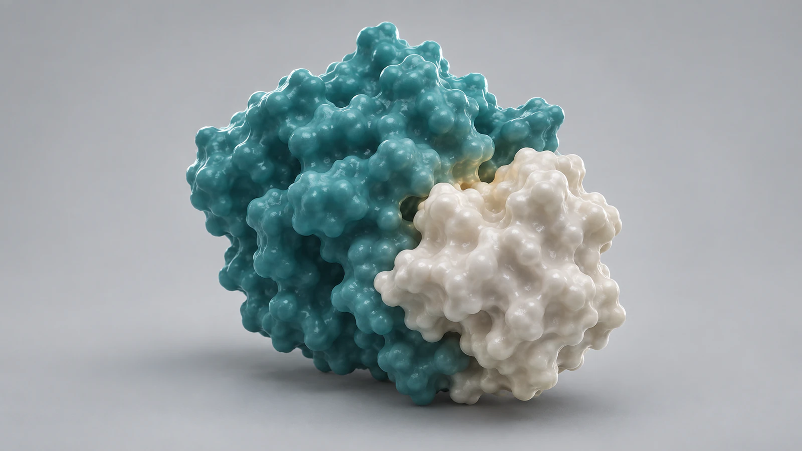 Compact teal protein form with a pearl foreground domain and a shallow cleft on a mist-gray background.