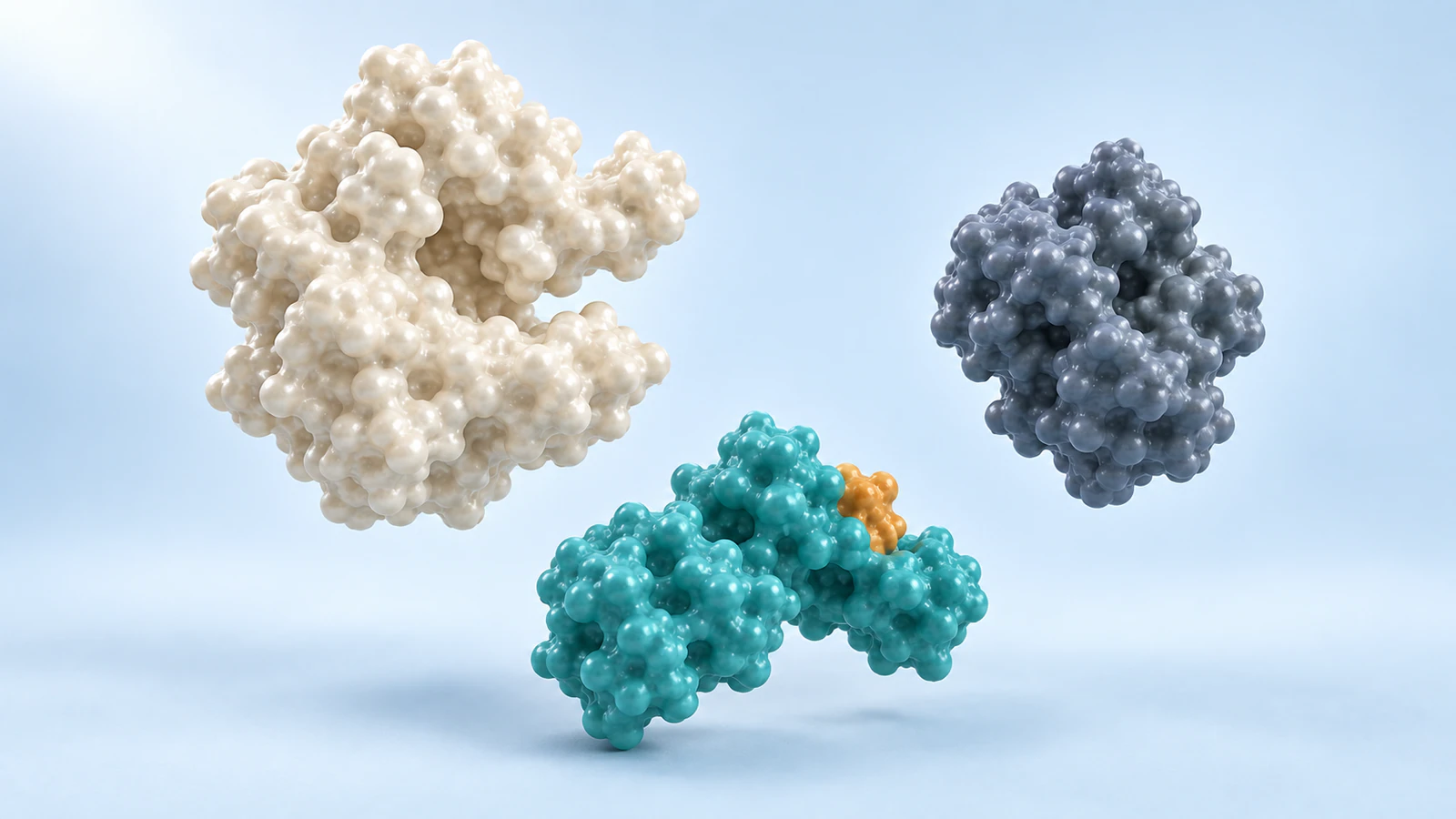 Pearl kinase-like surface, teal substrate and slate phosphatase-like surface form a separated three-actor cast view.