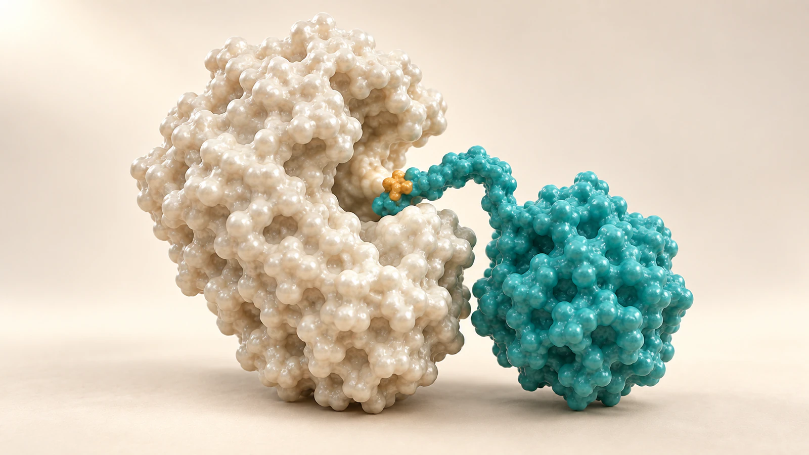 Exposed teal substrate segment meets the cleft of a separate pearl enzyme, with a localized amber site marker.