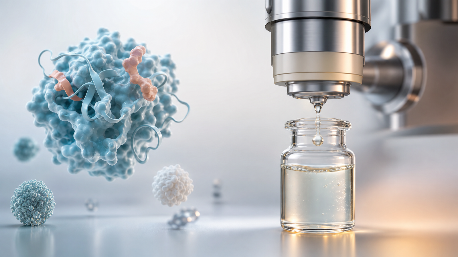 Premium 3D render of purified protein material collected from a chromatography outlet into a clean vial.