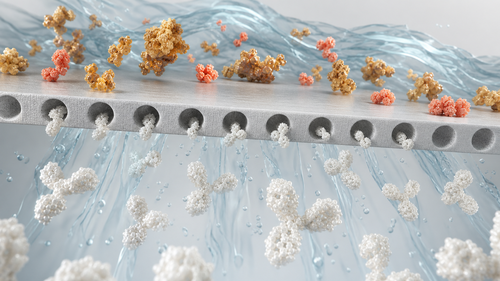 Premium 3D render of therapeutic proteins separating from impurity fragments across a polishing membrane.
