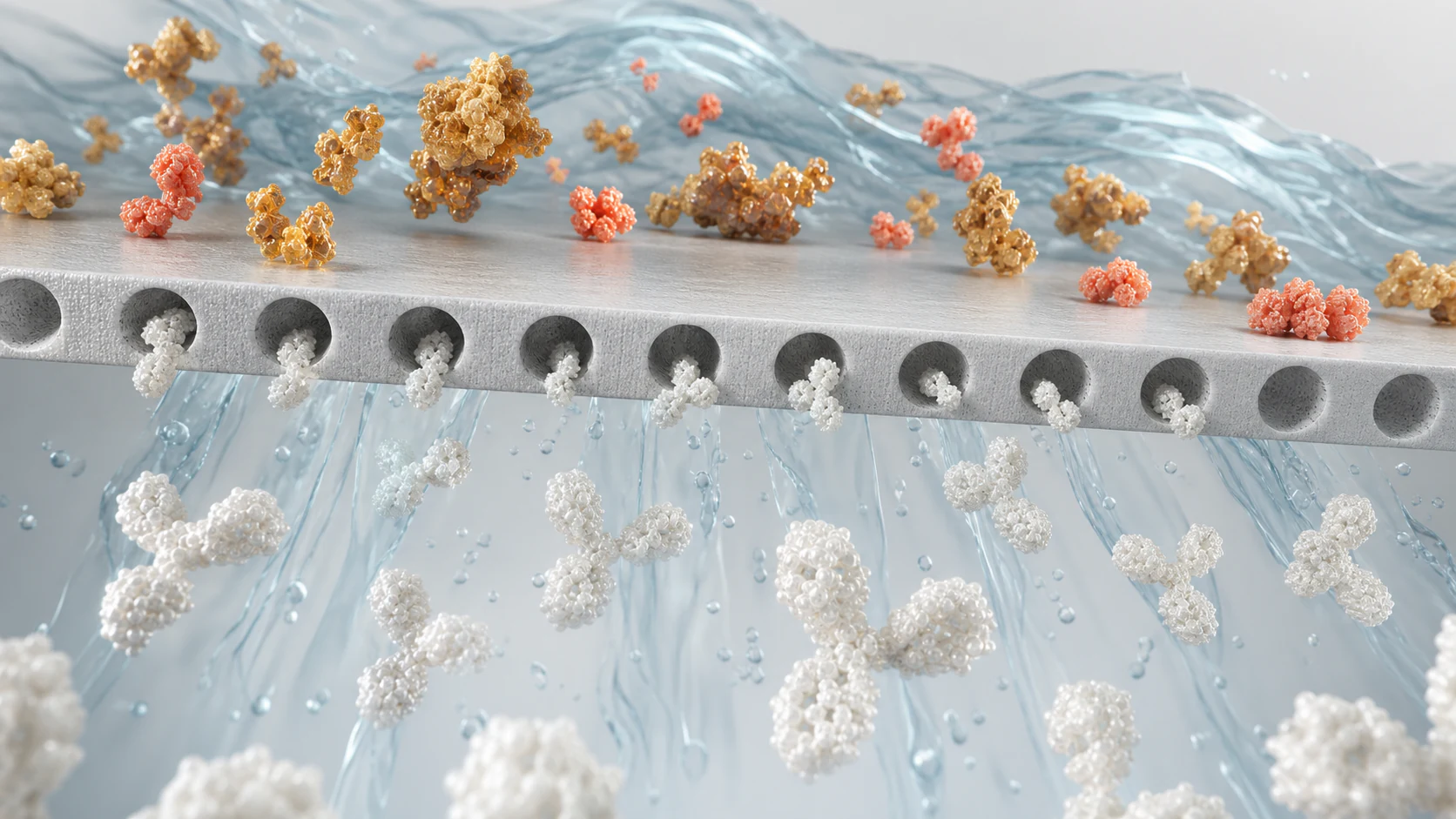 Premium 3D render of therapeutic proteins separating from impurity fragments across a polishing membrane.