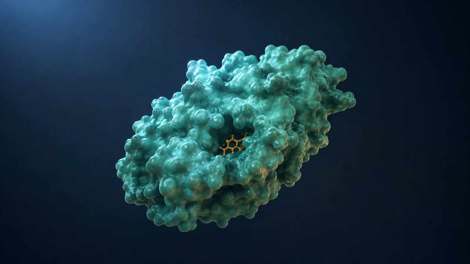 Conceptual teal protein surface with a small amber ligand partly concealed within a cleft