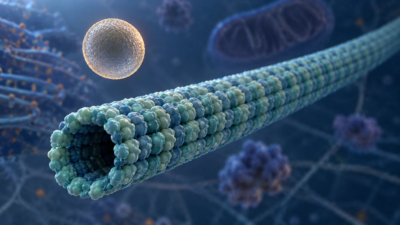 Conceptual microtubule with an open end and a separate vesicle in a cellular environment.