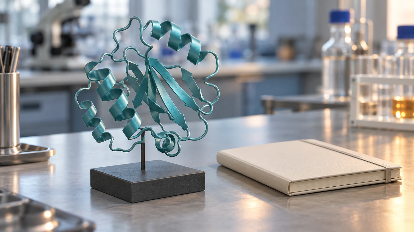 Conceptual teal protein ribbon model on a stand beside a blank laboratory notebook.