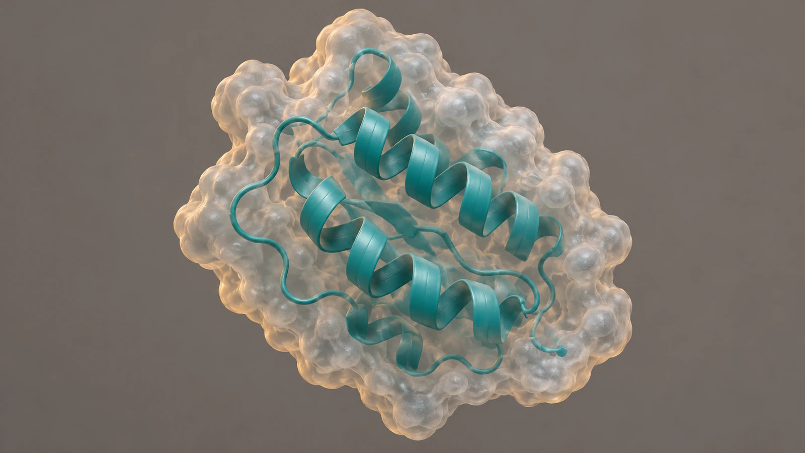 Teal protein helices are visible through a translucent pearl molecular envelope