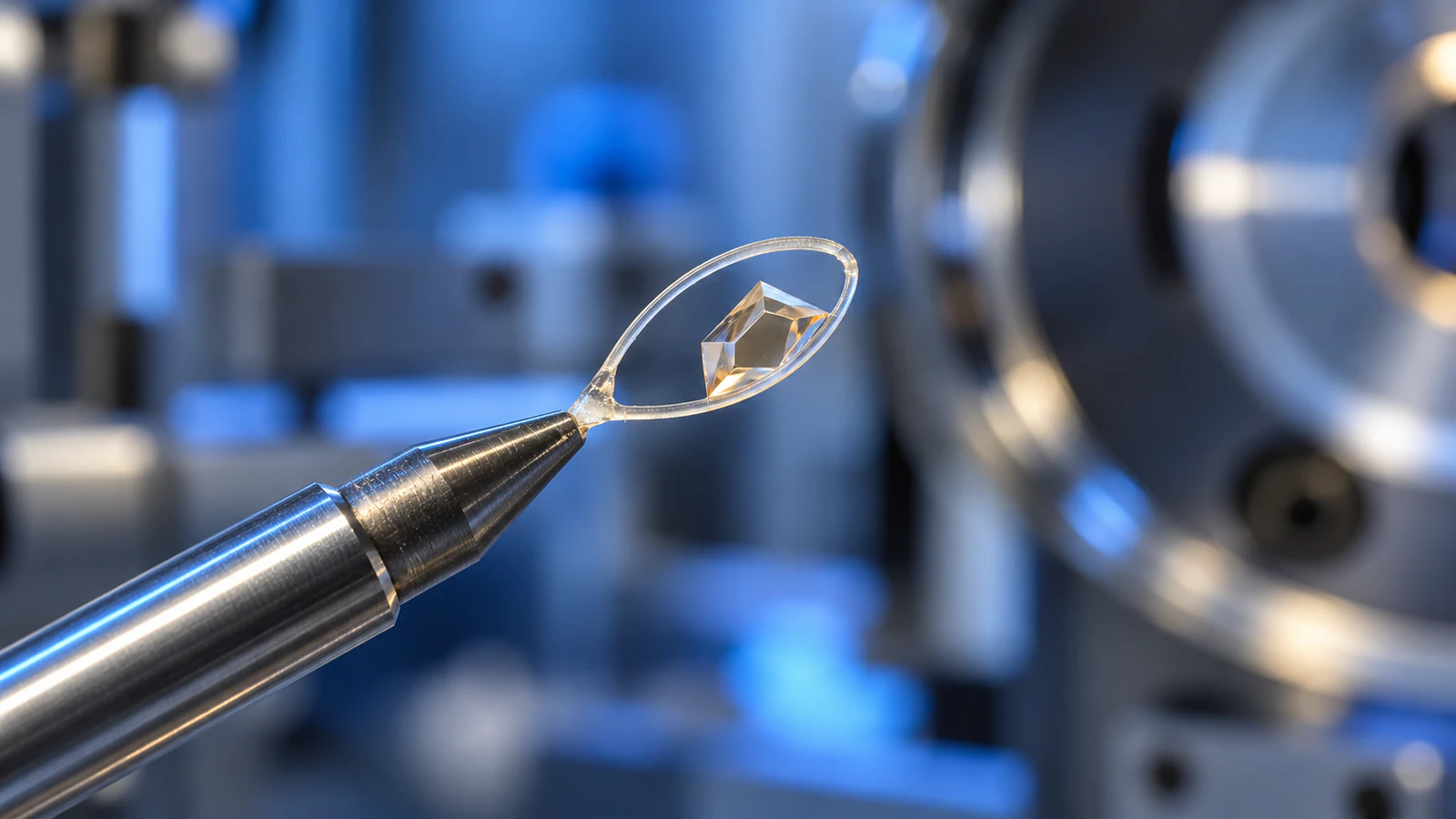 A small faceted protein crystal sits in a thin mounting loop on a metal pin