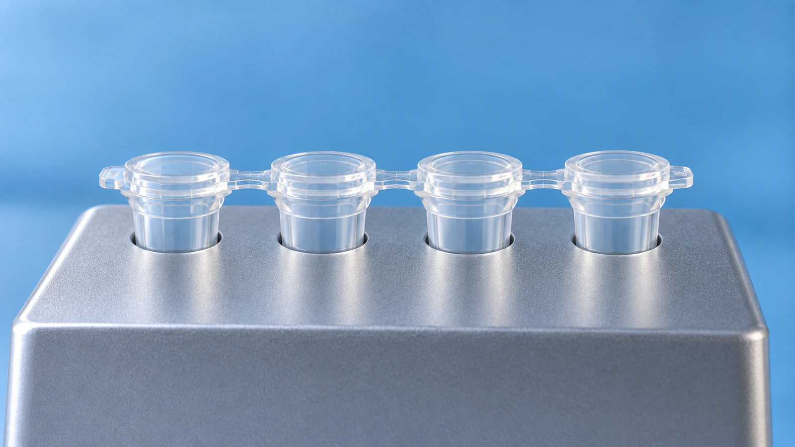 Four connected capped PCR tubes seated in a silver thermal block against a clinical blue background.