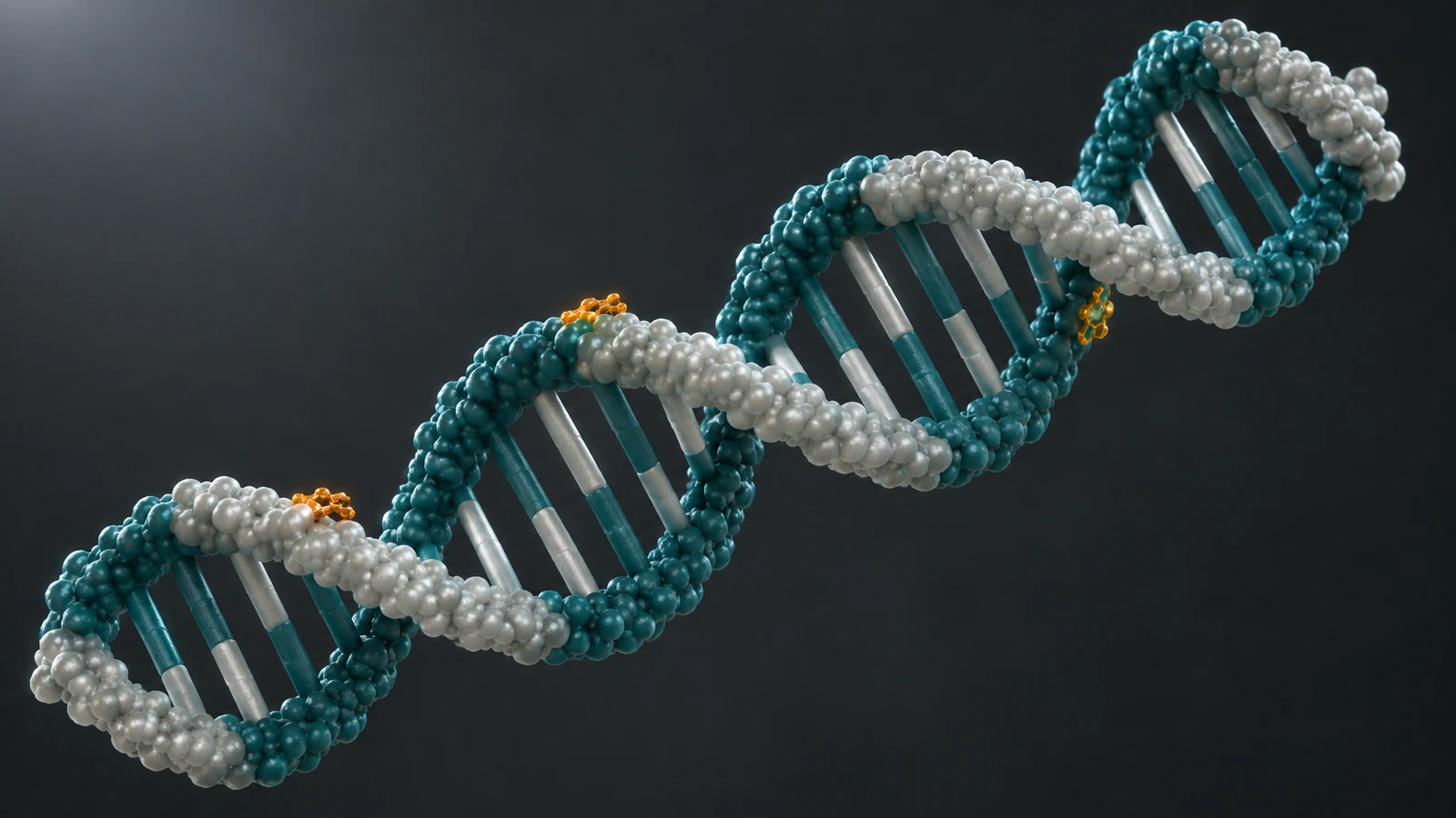 Conceptual DNA duplex with small amber dye-associated accents, shown against graphite to separate detector cues from DNA.
