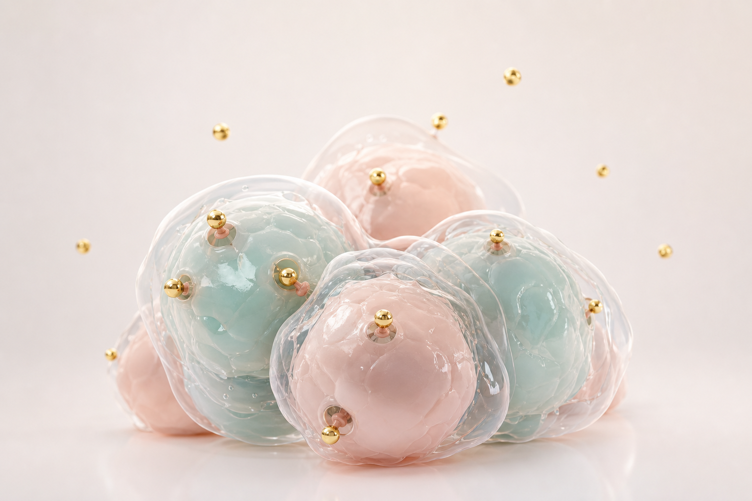 Glossy pastel tumor cells with gold radioligand particles docking on receptor-like surfaces