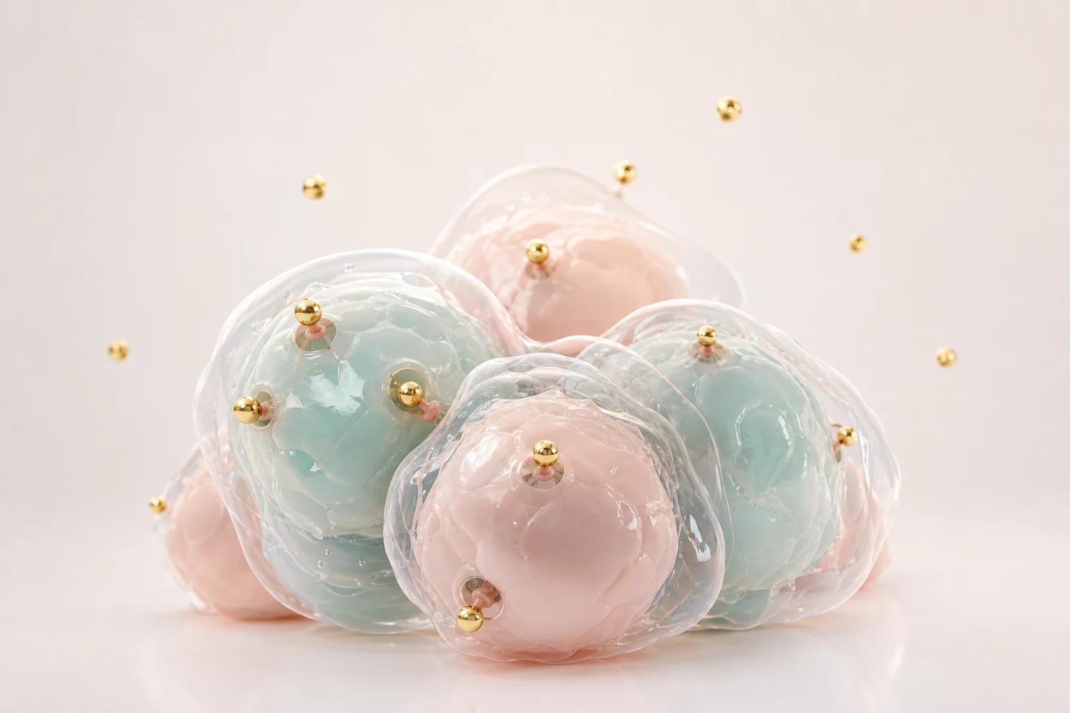Glossy pastel tumor cells with gold radioligand particles docking on receptor-like surfaces