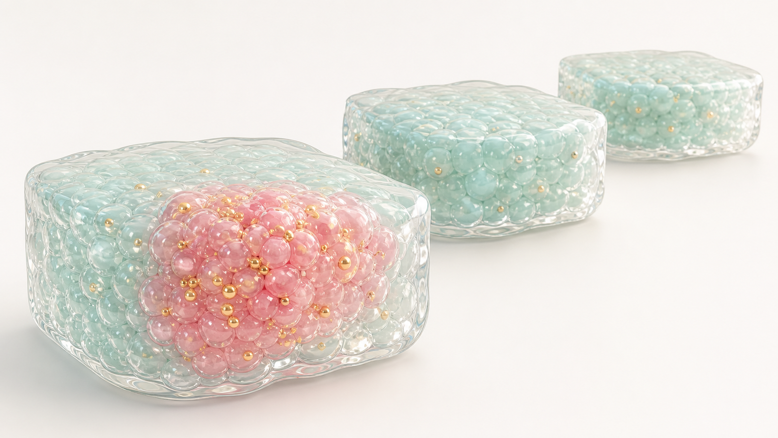 Translucent tissue blocks showing stronger gold radioligand uptake in a blush tumor region than healthy tissue