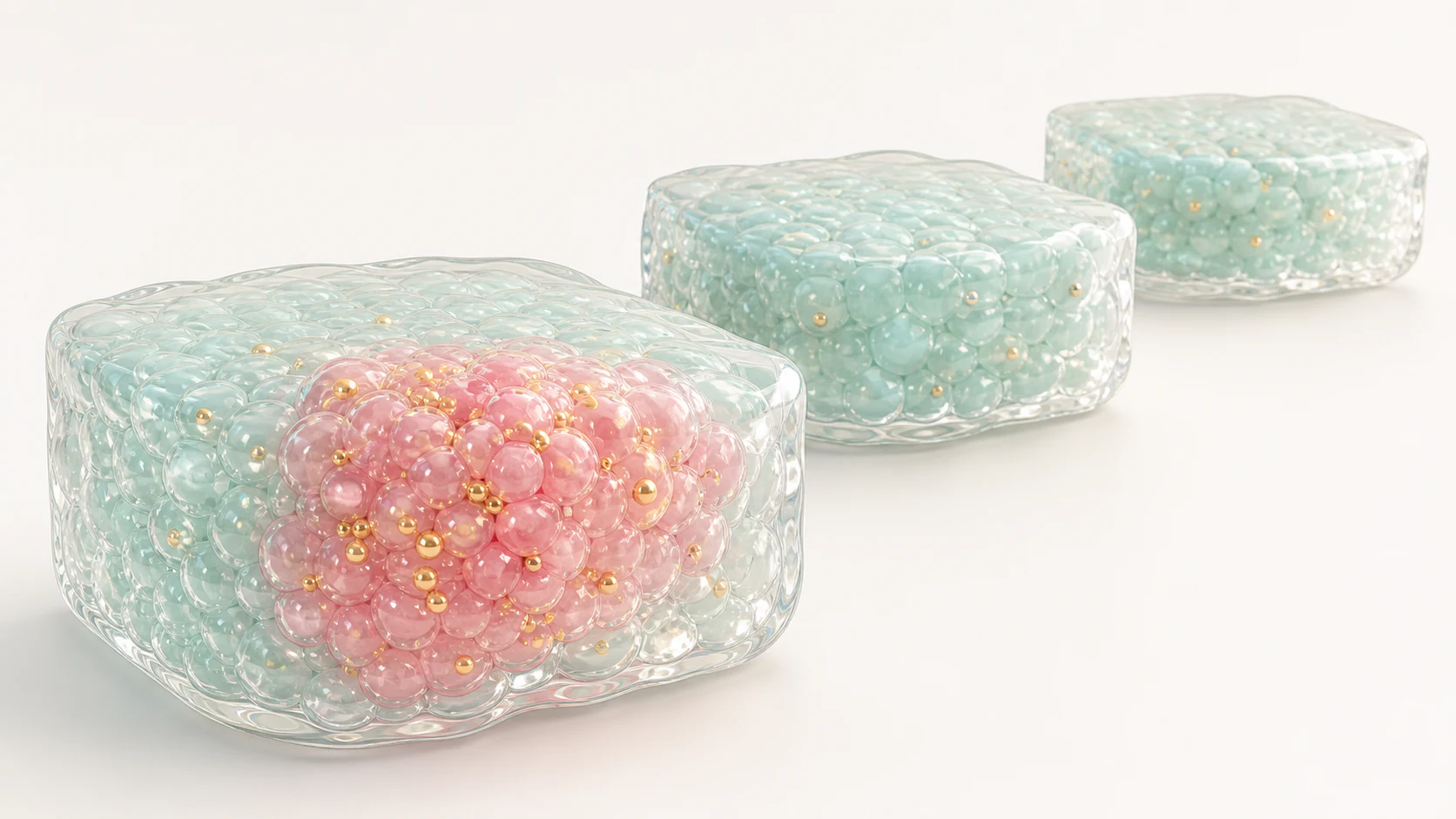Translucent tissue blocks showing stronger gold radioligand uptake in a blush tumor region than healthy tissue