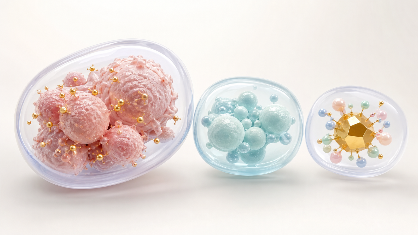 Three translucent biomolecular capsules representing tumor cells healthy tissue and a radiopharmaceutical isotope module
