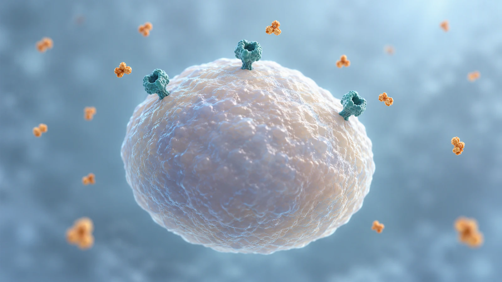 Conceptual cell with three enlarged teal surface receptors and amber ligands in the surrounding solution