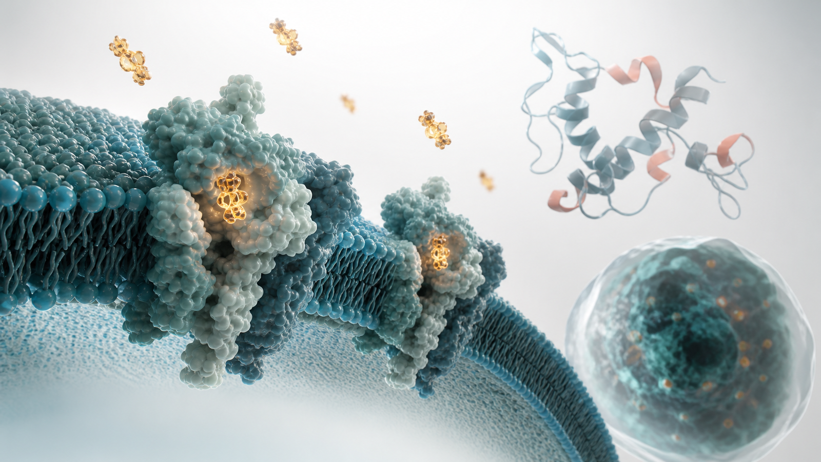 Premium 3D render of receptor-bound tracer molecules with biomolecular assay context.