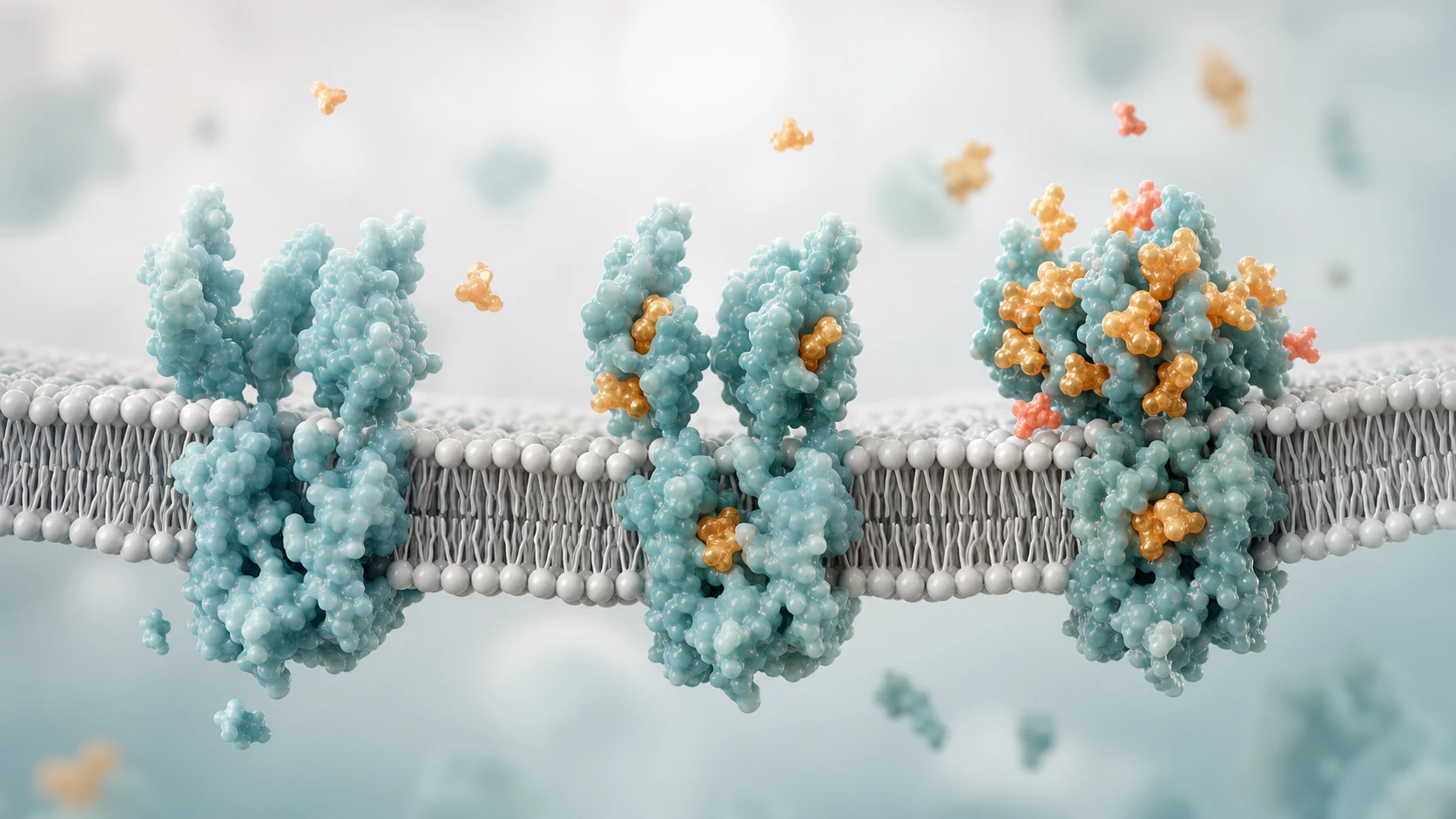 Wide 3D render of increasing receptor occupancy across membrane receptor clusters for dose selection.