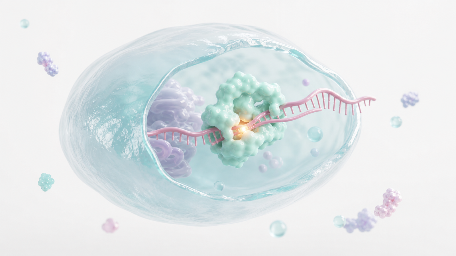 Glossy pastel RNA editing scene with guide RNA and editor protein at a glowing edit site