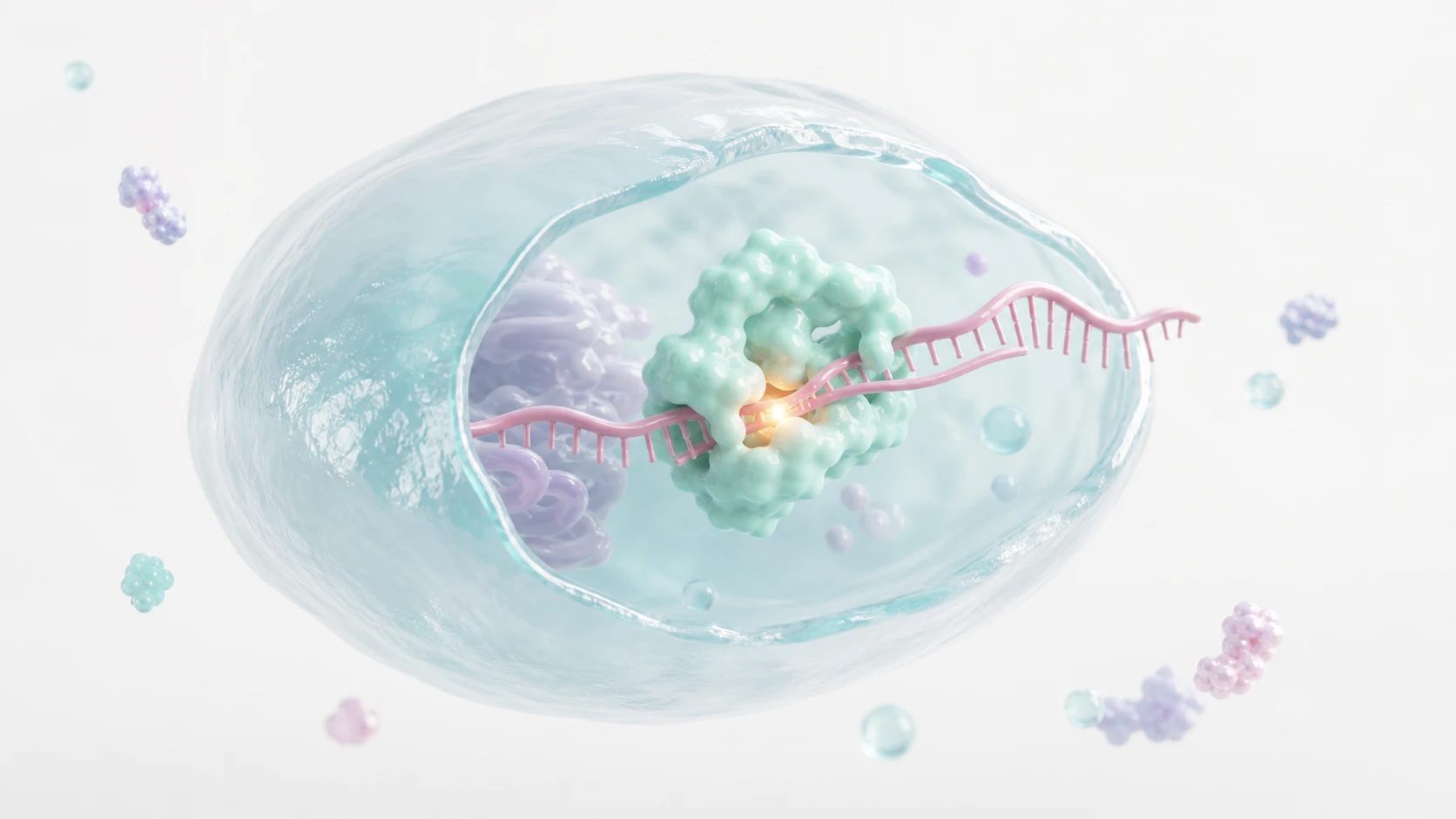 Glossy pastel RNA editing scene with guide RNA and editor protein at a glowing edit site