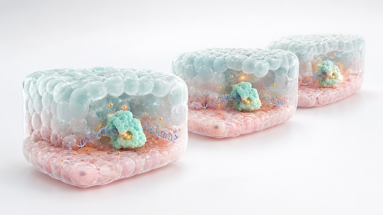Three translucent pastel tissue modules showing repeatable RNA editing platform scenes