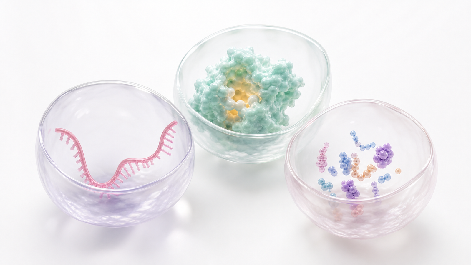Pastel transparent bowls showing RNA strand editor protein and assay beads as a platform visual system