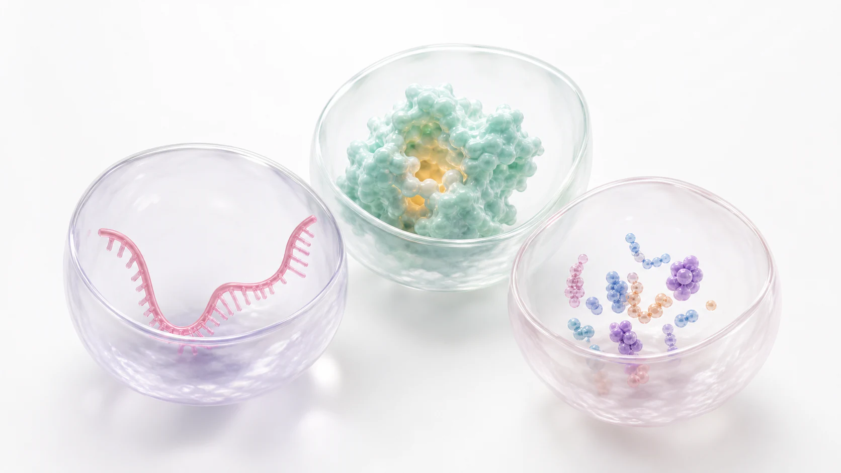Pastel transparent bowls showing RNA strand editor protein and assay beads as a platform visual system